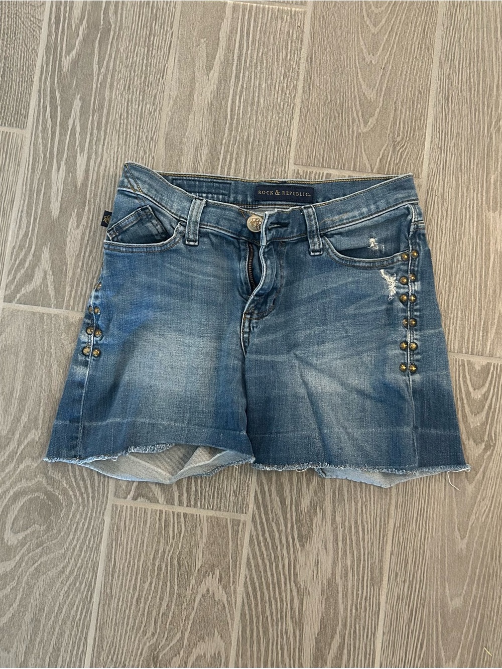 Rock & Republic Distressed Blue Denim Studded Cutoff Shorts